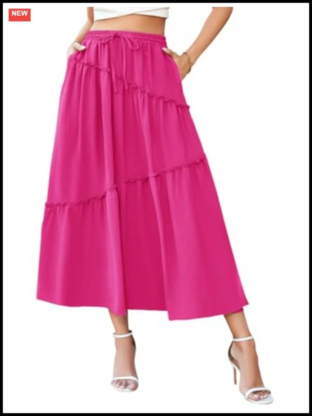 Flowy A-Line Maxi Skirt with Pockets High Waist Smocked Tiered